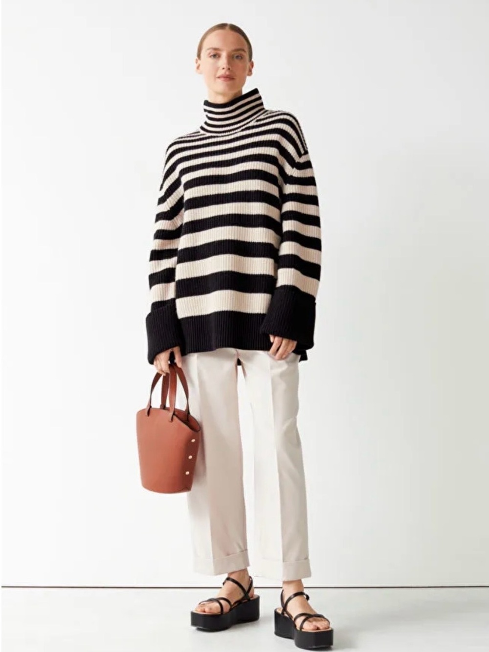 & Other Stories Black and Cream Striped Turtleneck Sweater